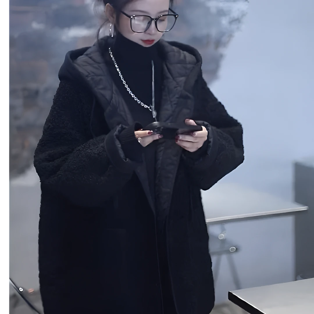 黑色连帽毛毛棉服女韩版宽松秋冬爆款夹棉加厚上衣羊羔绒棉衣外套