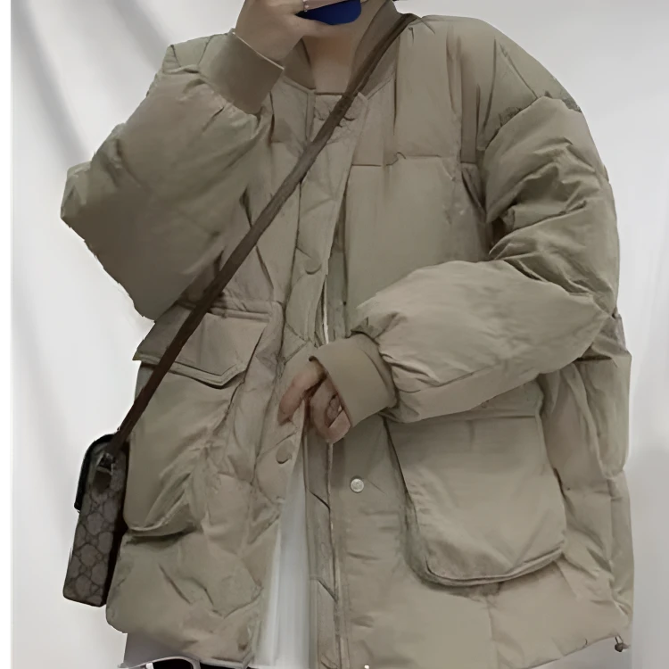 休闲简约宽松大口袋棉服工装外套女秋冬新款时尚流行百搭棉袄棉衣