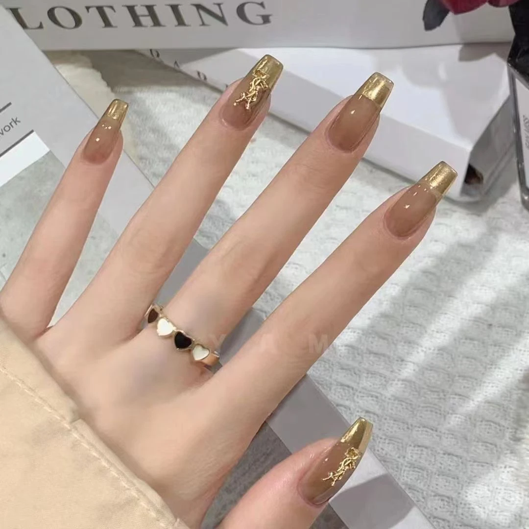 【杨树林】纯手工财阀千金裸色法式穿戴式美甲金色冰透可拆卸甲温柔