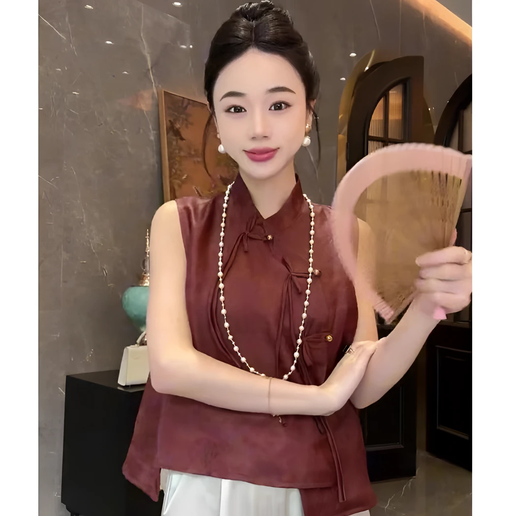 2025新款国风民族风纯色盘扣设计款马甲上衣衬衫