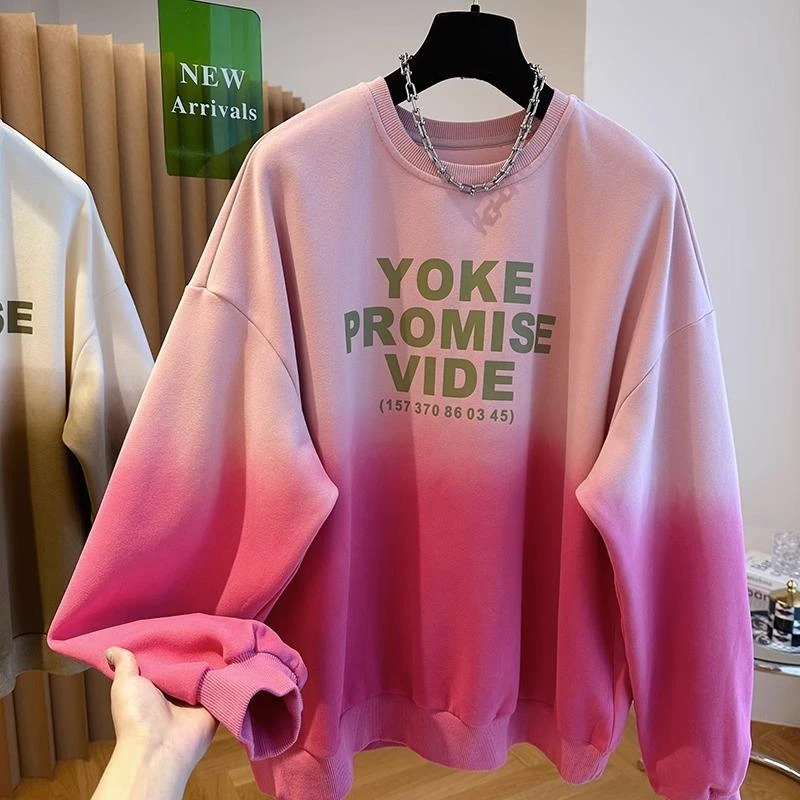 大码女装ins超火渐变粉设计感减龄卫衣春秋韩版小众套头圆领上衣