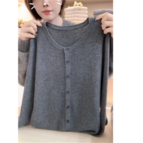 [编码D363]妮妮家薄款灰色长袖圆领女宽松纯色长袖针织开衫女