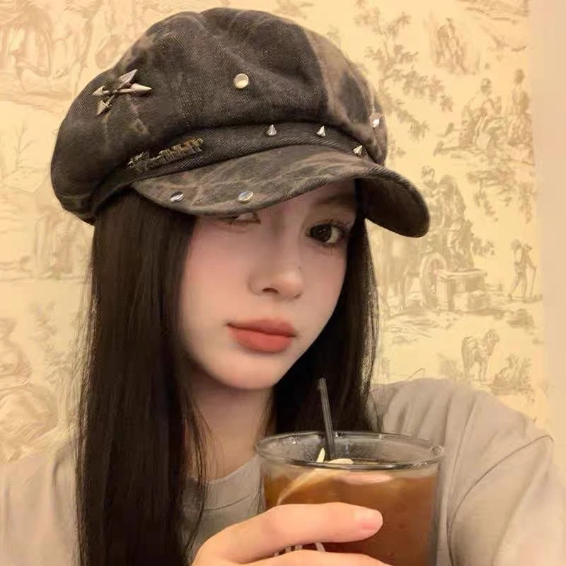 做旧扎染铆钉八角帽子女秋冬显脸小日系小众设计亚文化Y2K贝雷帽