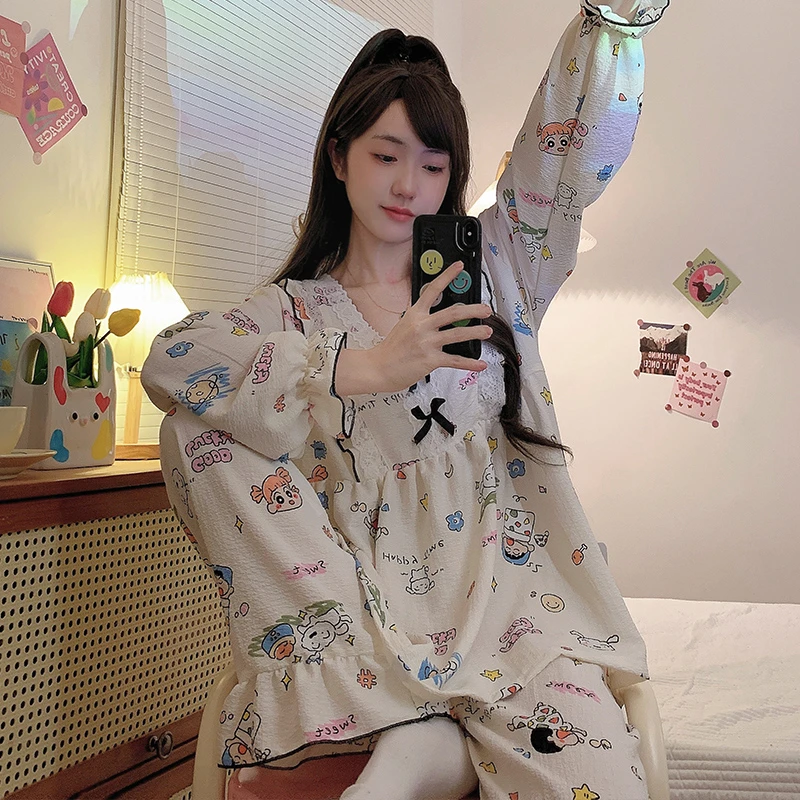 公主风甜美大码睡衣女说春秋长袖薄款皱布休闲可爱胖mm200斤套装