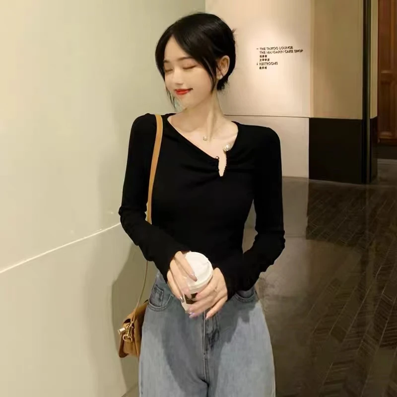 性感显瘦金属环装饰圆领弹力螺纹棉长袖上衣 JX727