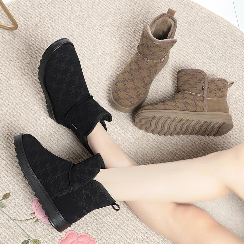 2025冬季印花加绒加厚保暖防滑短筒雪地靴时尚休闲一脚蹬保暖棉鞋