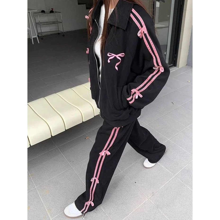 两件套装新蝴蝶结运动服外套外穿百搭休闲卫衣学院风秋季开衫女