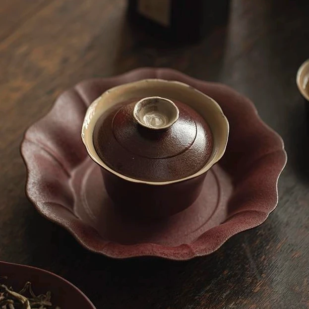 优质原矿粗陶日式盖碗功夫侘寂风花口陶瓷茶碗家用仿古泡茶碗