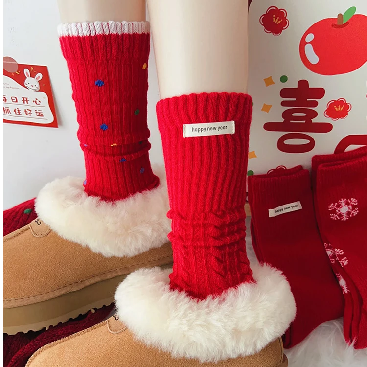 红色新年拜年袜子女长筒秋冬保暖加厚布标搭配鲨鱼裤可外穿圣诞袜