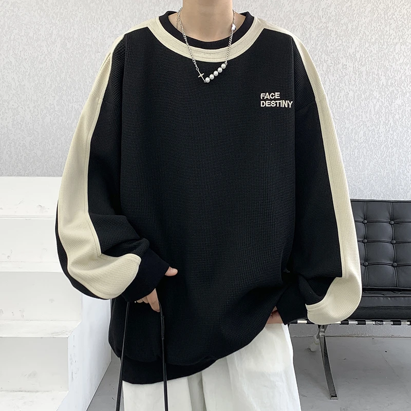 拼色华夫格卫衣男士春秋潮牌宽松大码美式高街重磅青少年圆领衣服