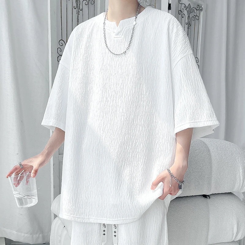 短袖T恤男V领夏季新款大码薄款百搭宽松潮流休闲港风纯色五分半袖