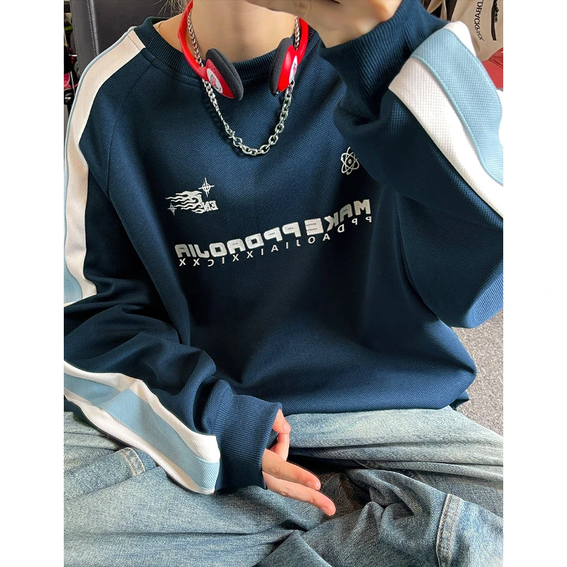 纪珀汀2024秋圆领新款男美式高街织带拼接插肩袖宽松卫衣W12305