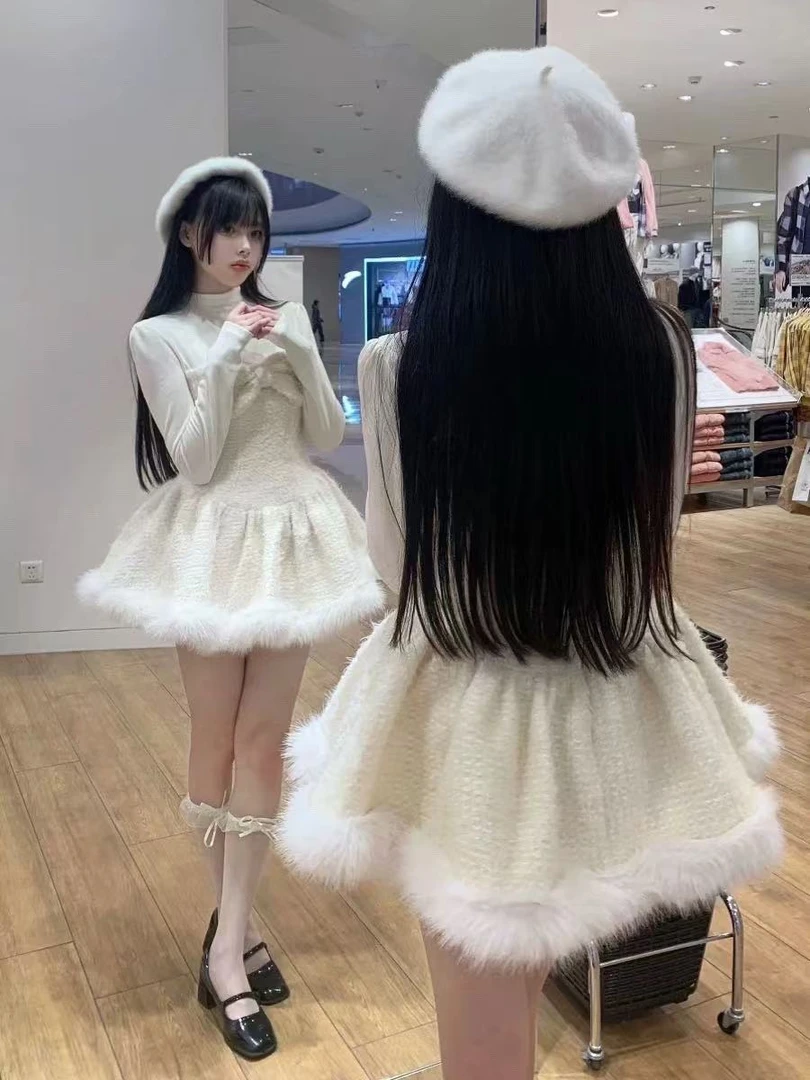 【白雪公主】毛绒连衣裙子女2025冬季新款别致蝴蝶结长袖蓬蓬裙8338