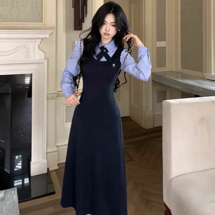 复古藏蓝色假两件连衣裙女秋季学院风气质减龄甜美收腰长裙8093