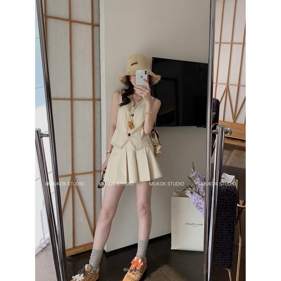 韩系气质时尚明线撞色毛边马甲宽松显瘦百搭百褶短套装女-G0001