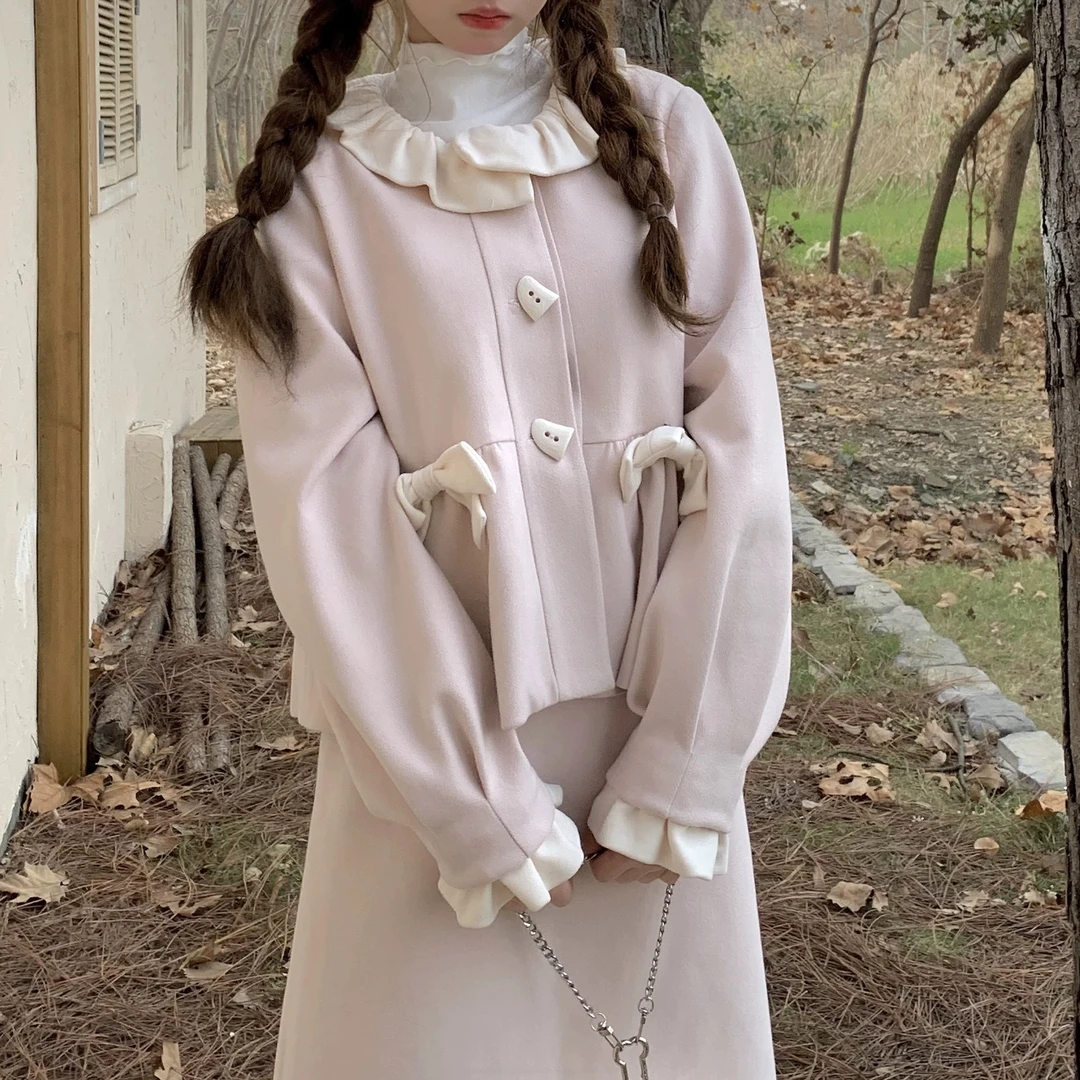 【现货当天飞】【粉色慕斯】夹棉冬装搭配粉色毛呢盐系轻熟两件套裙