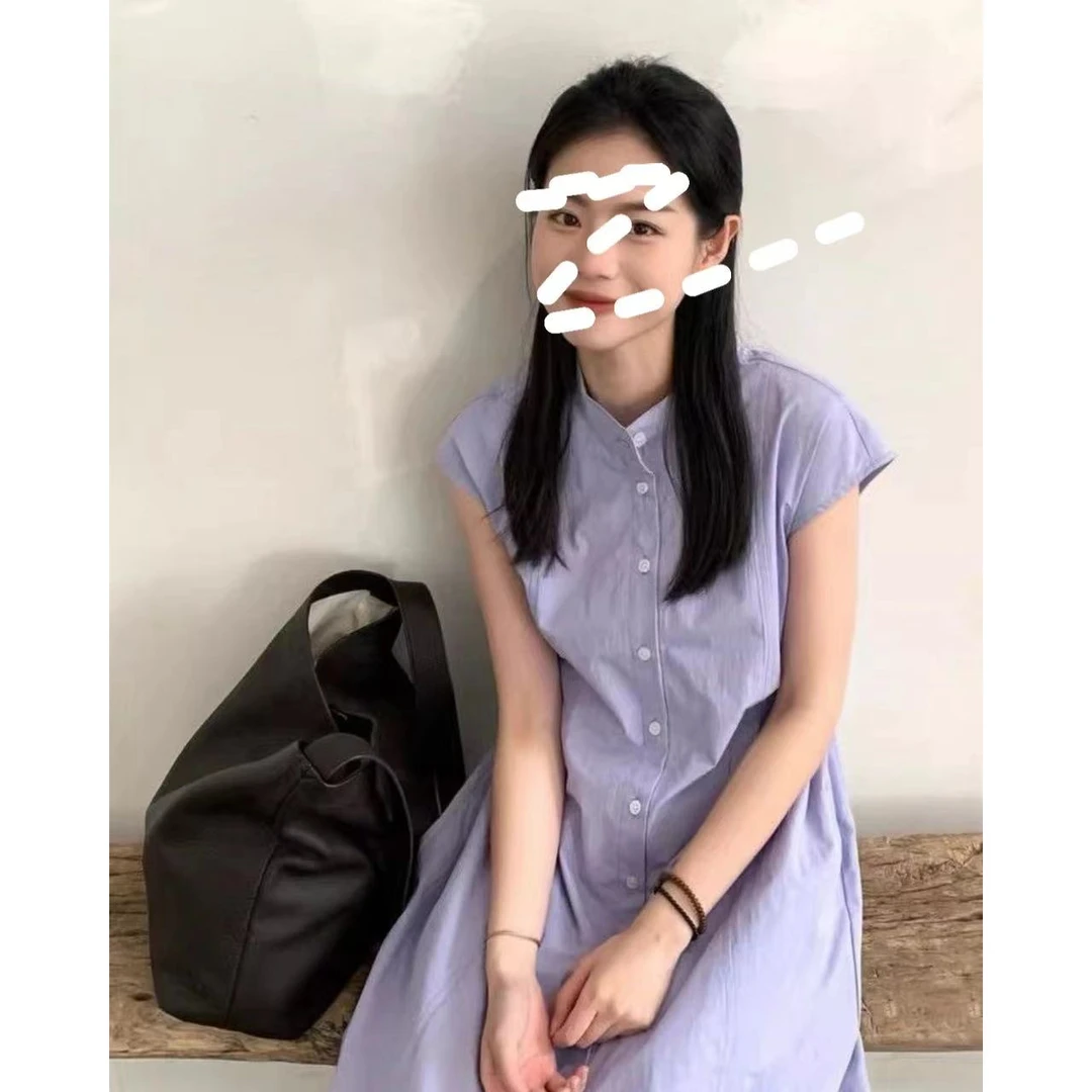 女夏新款复古小立领衬衫连衣裙宽松休闲风高腰显瘦直筒中长裙子