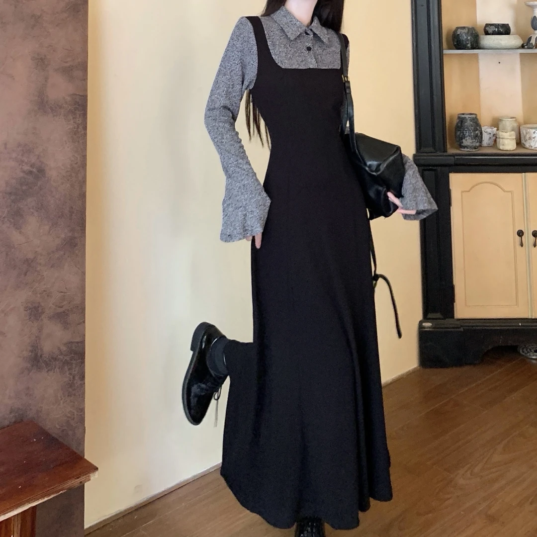 衬衫领假两件气质长袖显瘦简约风清纯甜A字连衣裙8077