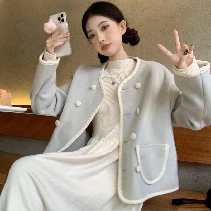 秋冬韩chic温柔时尚套装撞色小香风毛呢外套8131