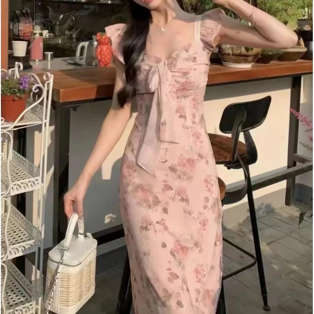 新款晕染印花绑带设计小飞袖吊仙气连衣裙L932