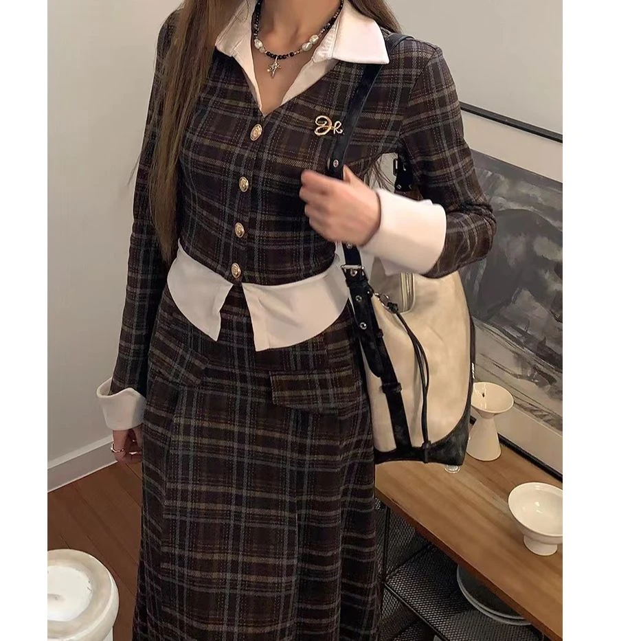 复古学院风拼接假两件格子女春季高腰显瘦半身长裙套装8054