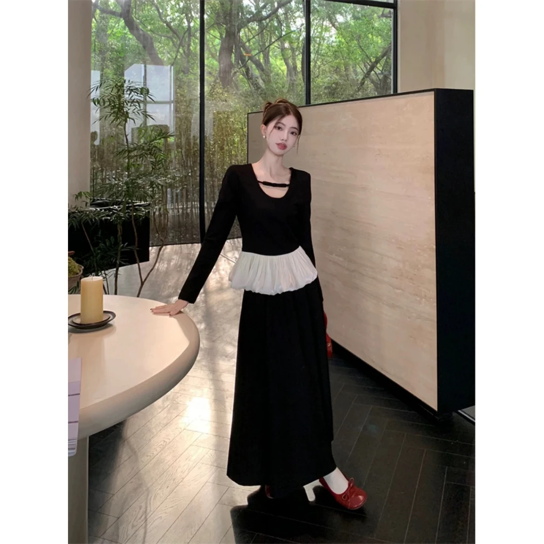 拼接荷叶边显瘦长袖高腰显瘦大摆半身长裙女秋季新法式套装8139