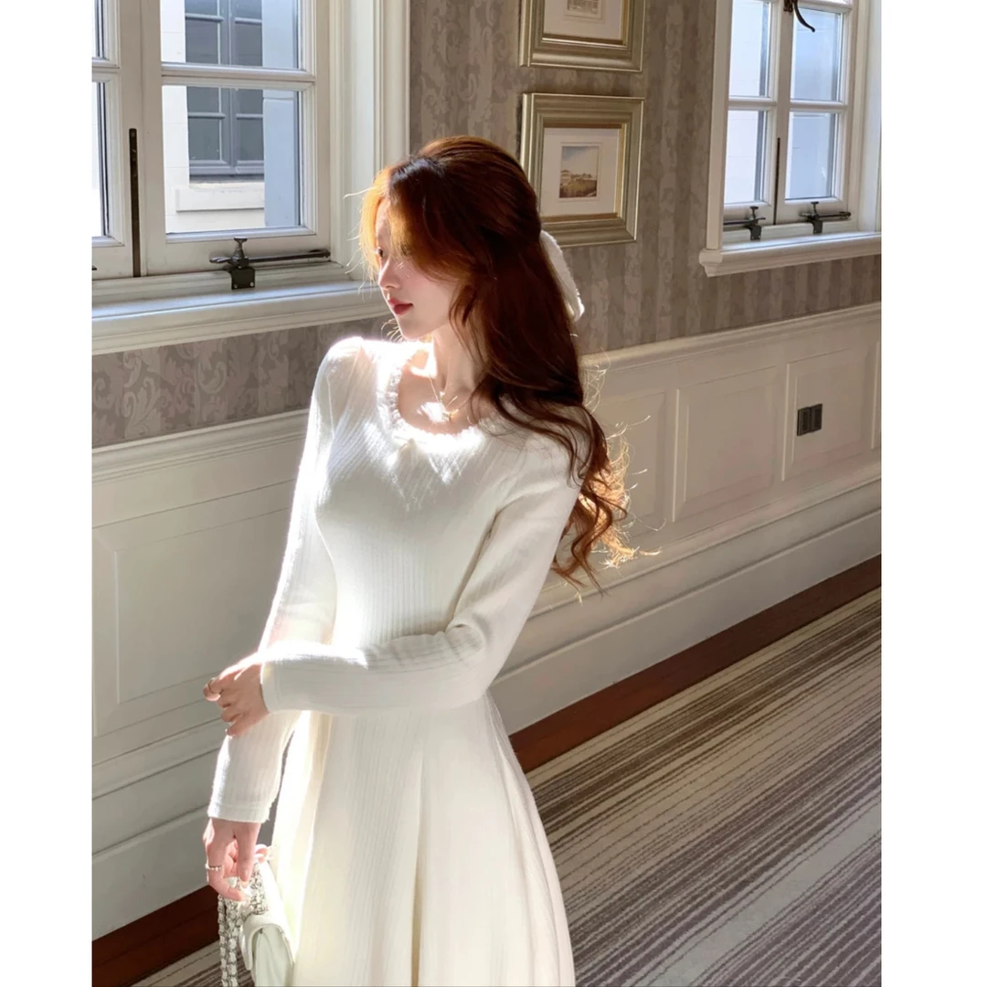 法式甜美新款设计不规则修身秋冬气质拼接长裙打底长袖连衣裙