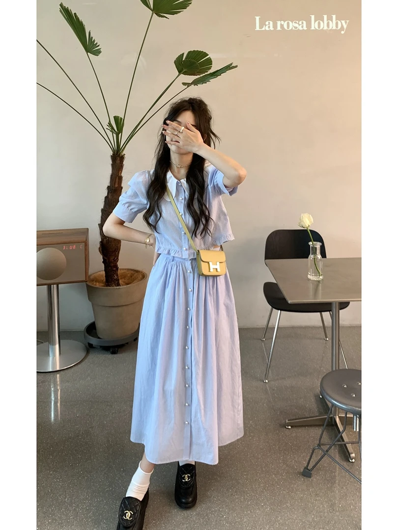 蓝色条纹小衫泡泡袖套装夏季半身长裙甜美气质两件套裙装L922