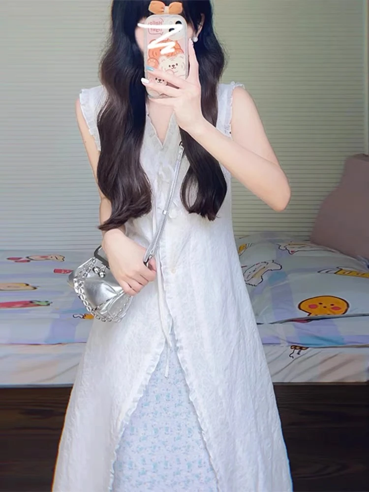 温柔气质套装叠穿开叉设计感花边连衣裙女夏季碎花A字半身裙L920