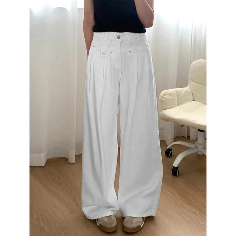 白色牛仔裤女春秋2025新款高腰显瘦宽松直筒大码胖mm拖地阔腿裤子