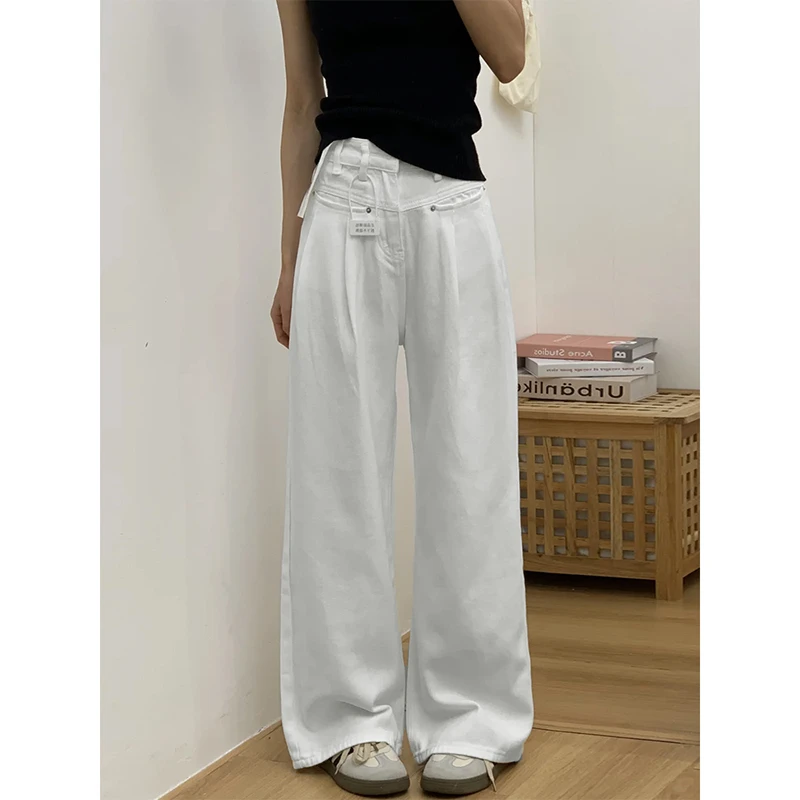白色阔腿牛仔裤女宽松直筒大码胖mm微胖女孩高腰显瘦垂感拖地裤子