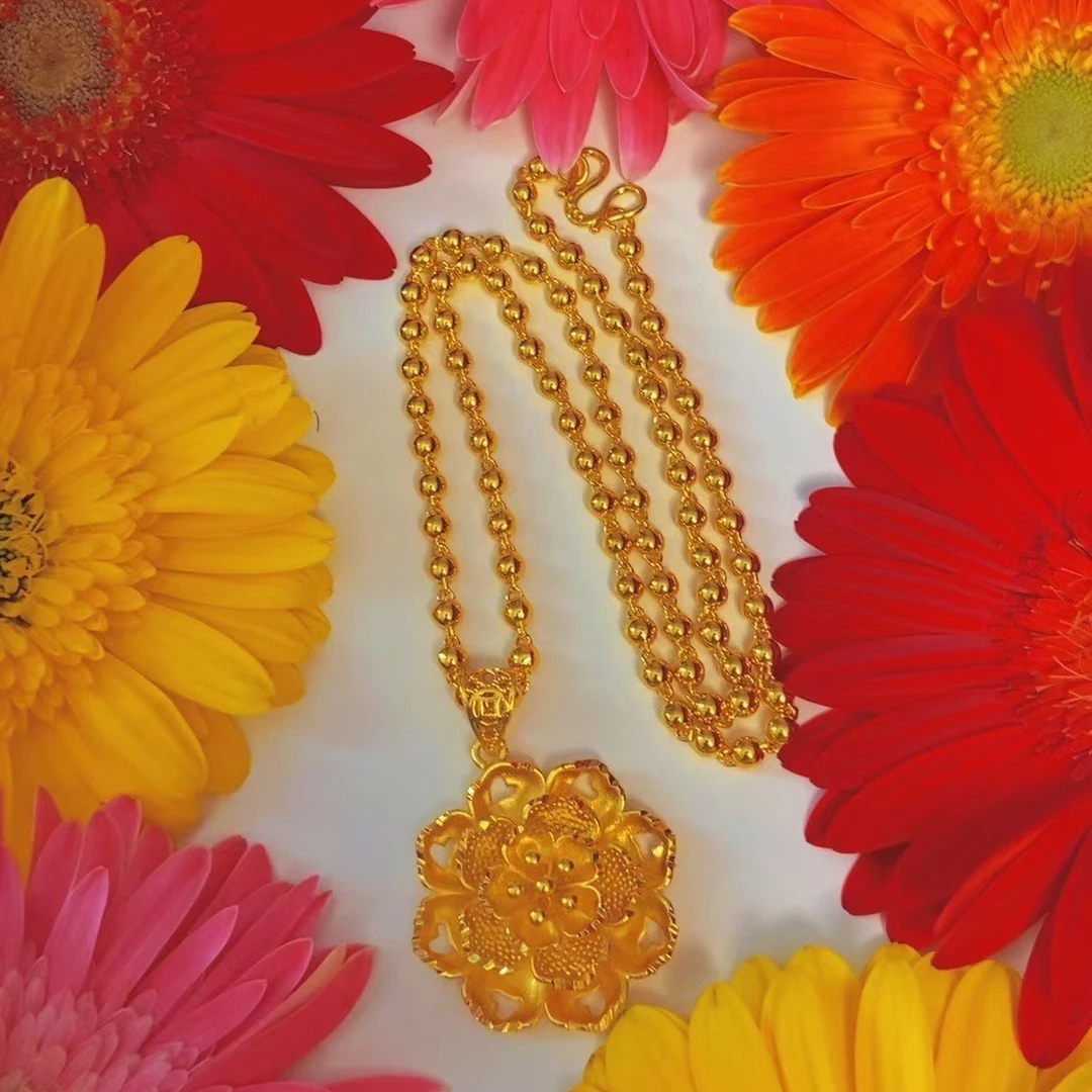 钛钢吊坠  圆珠链子加花开富贵吊坠