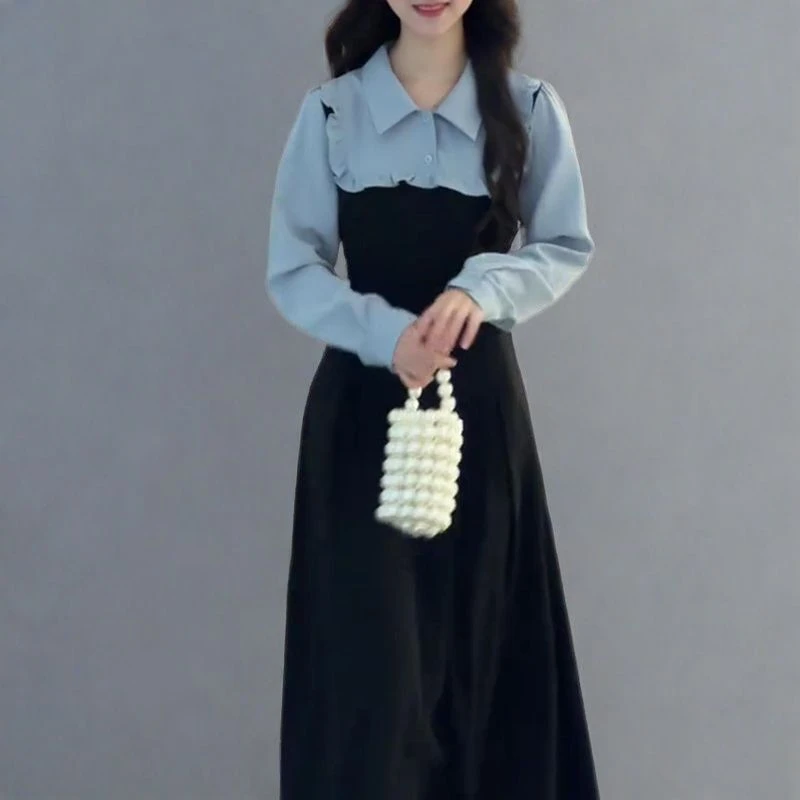 小个子法式木耳边连衣裙2025秋新款气质撞色假两件收腰显瘦中长裙