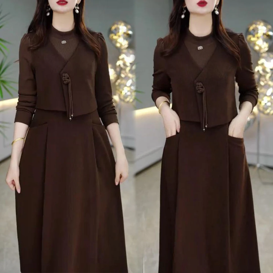 2026秋冬新款假两件长袖连衣裙女时尚复古气质遮肚子修身显瘦裙子