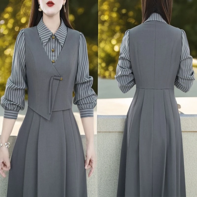 2025秋季新款新中式假两件长袖连衣裙女气质显瘦条纹拼接休闲裙子