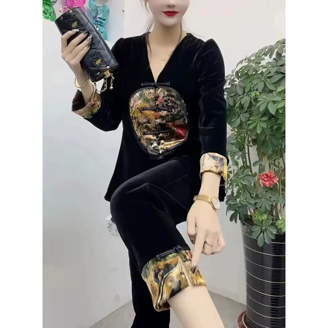 2026春季新款时尚大码丝绒复古国风盘扣拼接上衣九分裤两件套装女