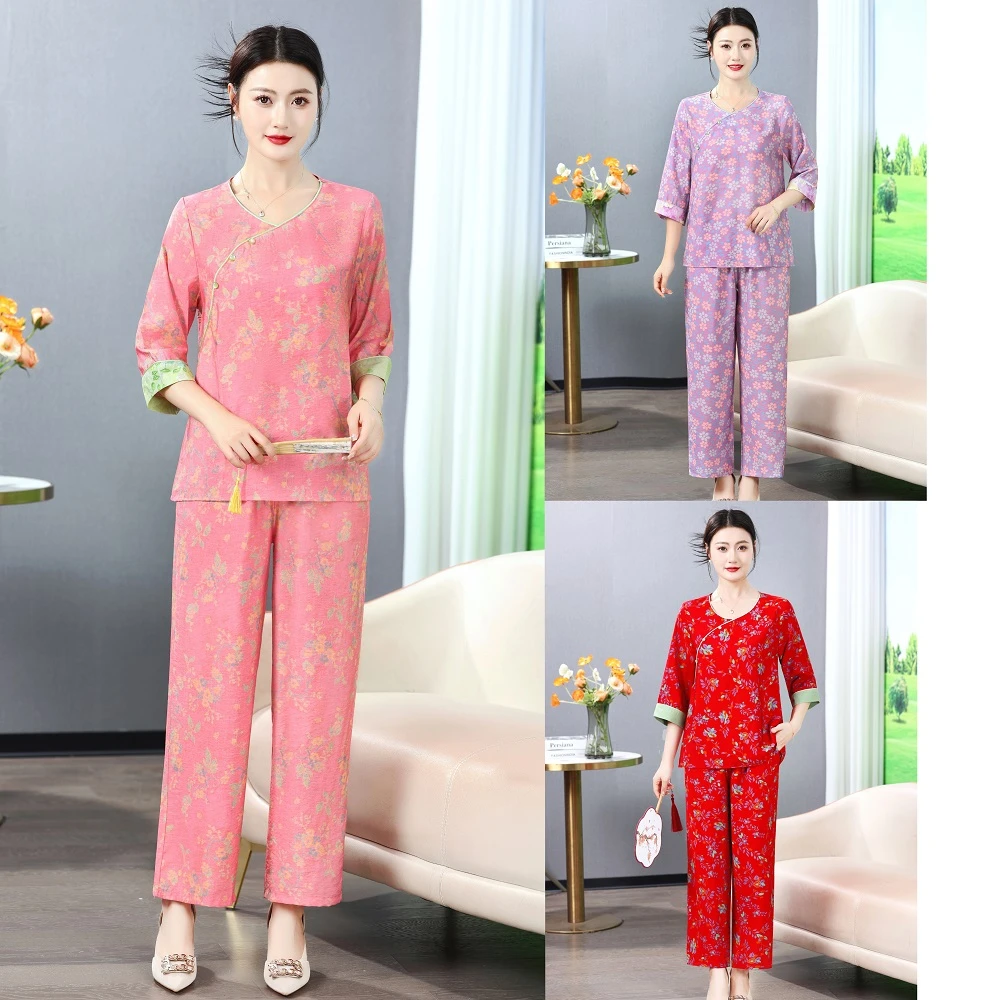 女装大码妈妈装中老年时尚休闲夏季中年宽松套装家居服洋气印花