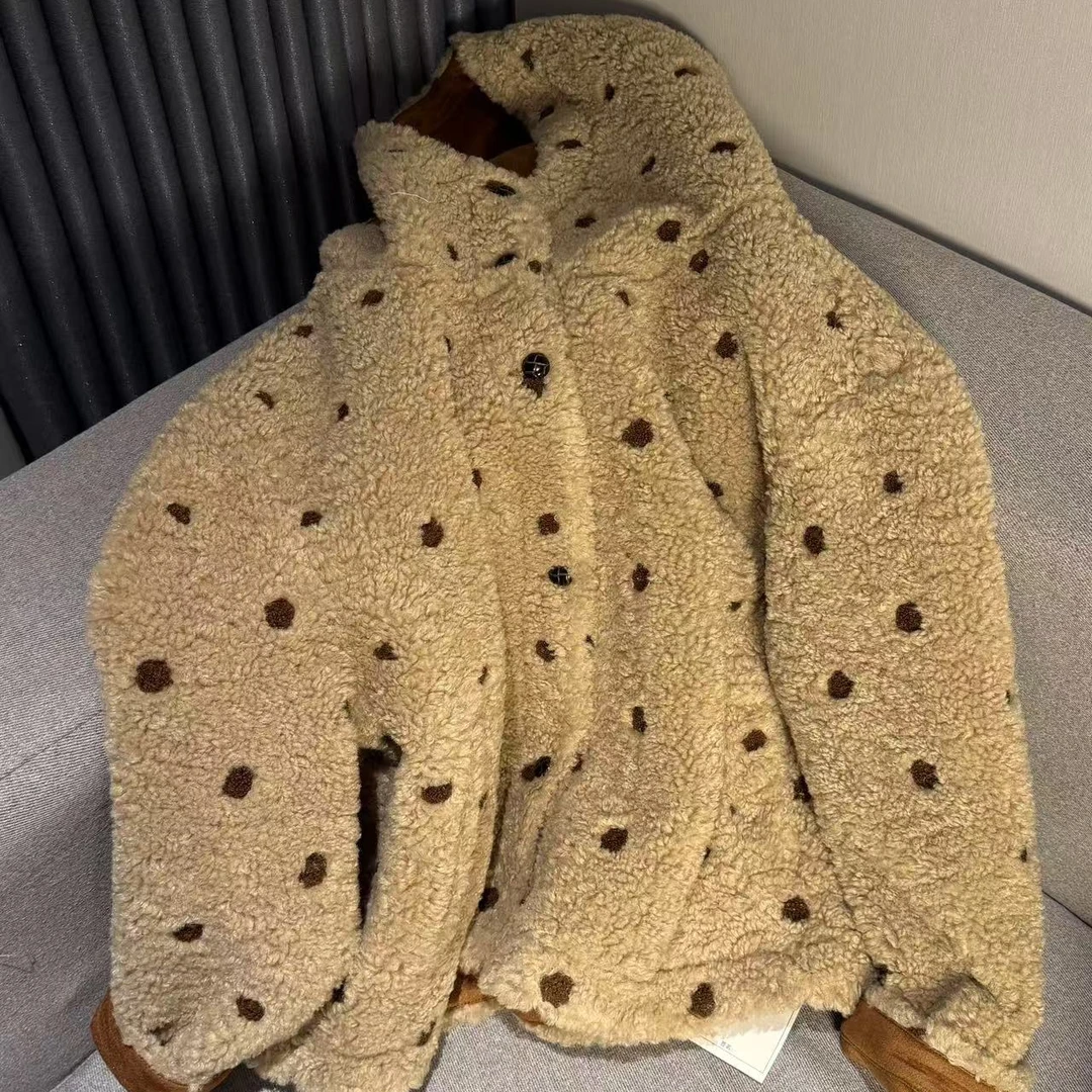 J1707 【珍珠奶茶】秋冬新款波点连帽颗粒绒宽松毛呢外套