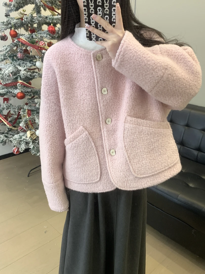 奶兔星球自制 粉色小香风小个子夹棉毛呢外套圆领70绵羊毛D3W582