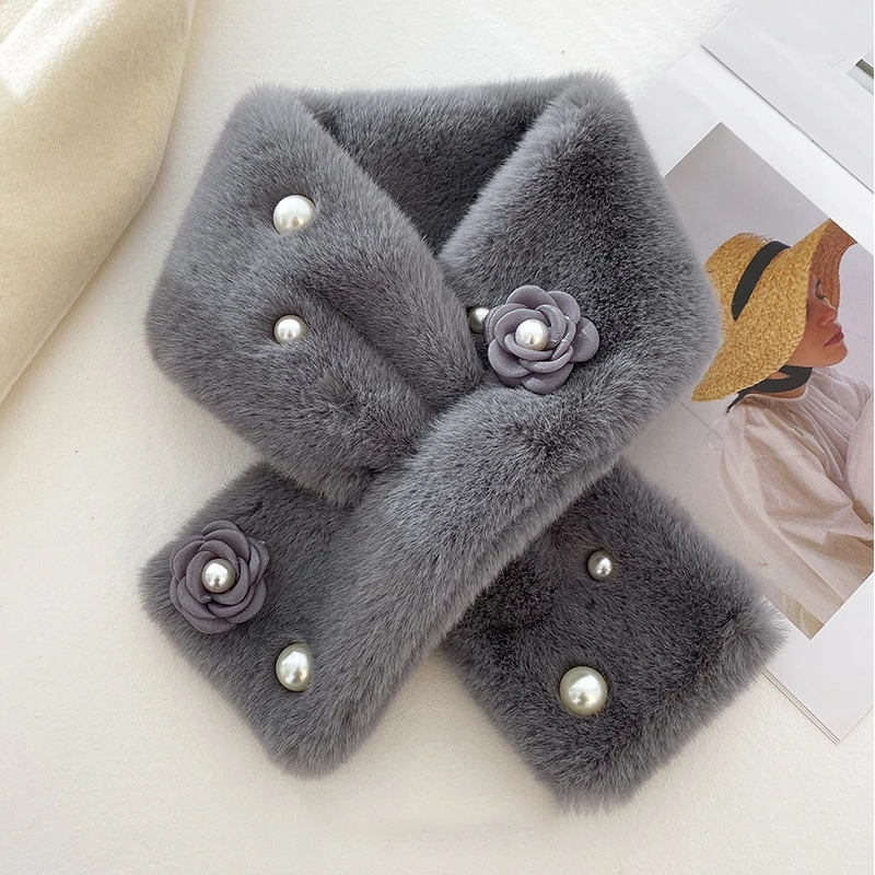 花朵珍珠个性女秋冬围巾韩版保暖毛毛绒厚围脖懒人交叉毛领气质潮