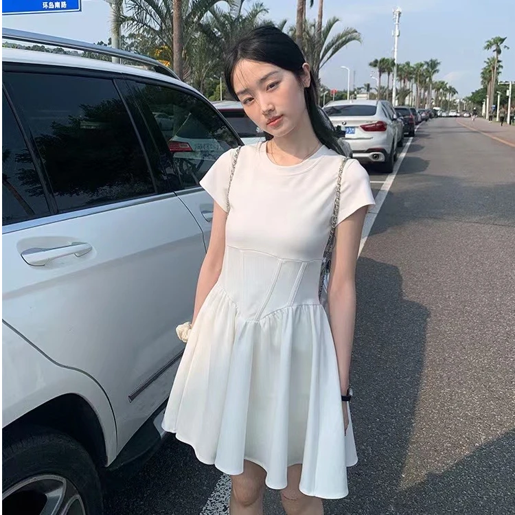 @solo*系列原丹！全挂装！白色鱼骨收腰短袖显瘦公主连衣裙