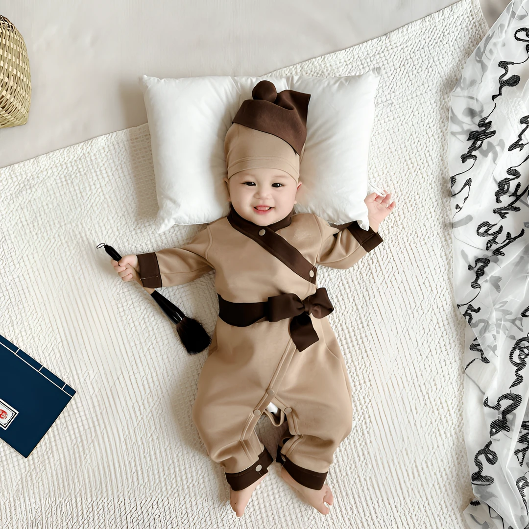 婴幼儿童春秋季古装宝宝汉服满月新生小书童拍照衣服国风连体爬衣