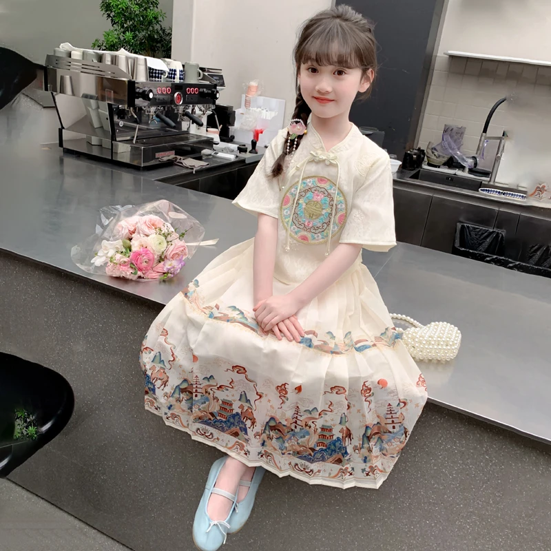 女童小孩汉服2025新款3-6-12岁古装国风中大童夏季儿童马面裙套装