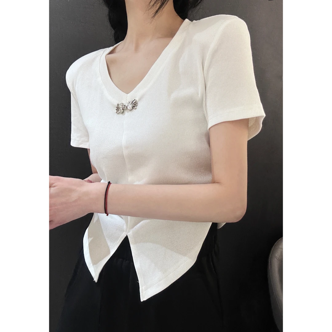 时尚百搭圆领净版短款显瘦褶皱短袖T恤5053