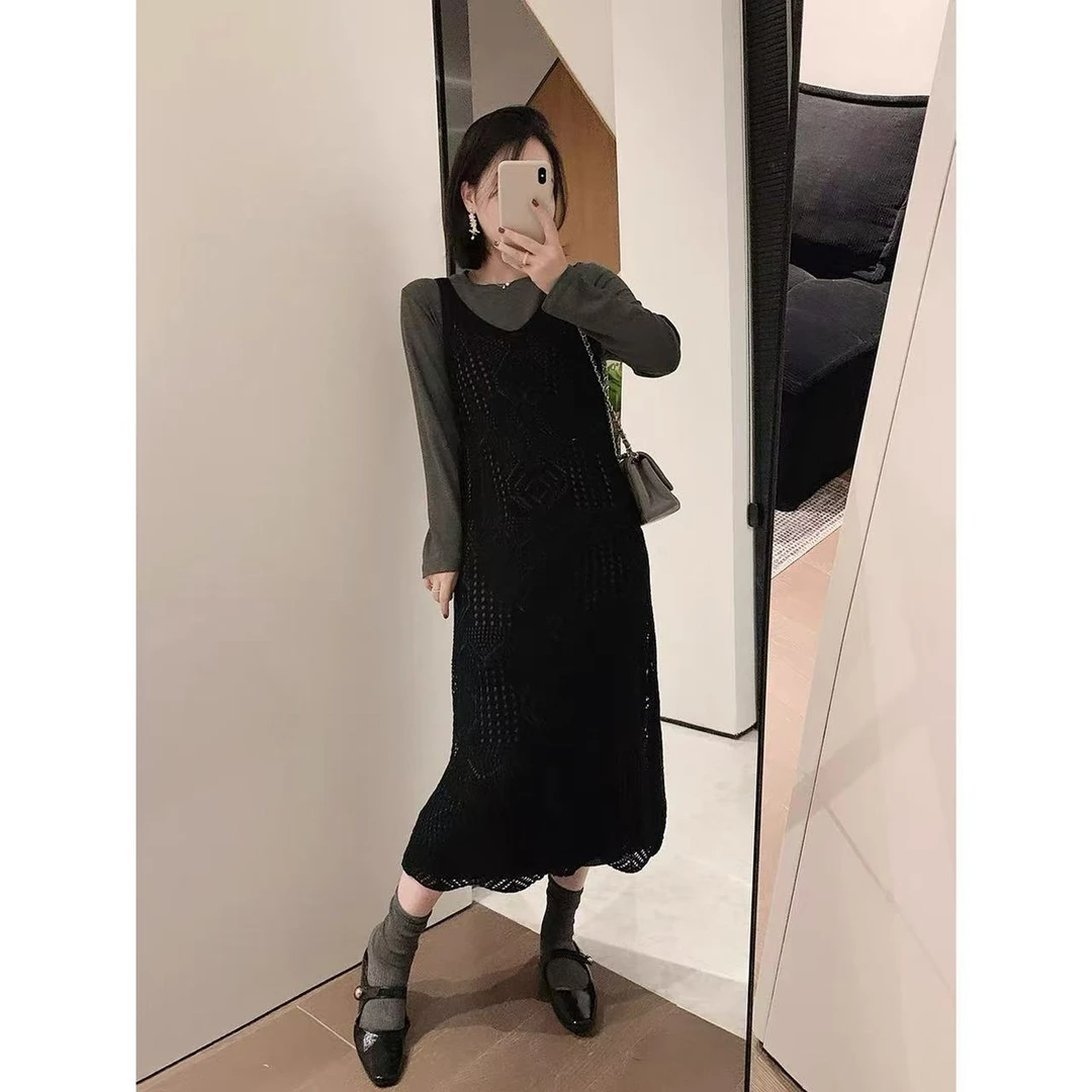 欧洲站简约磨毛蕾丝T裙针织吊带长袖两件套连衣裙显瘦初秋新款