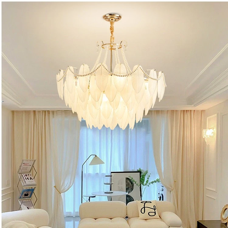 法式奶油风水晶客厅吊灯轻奢羽毛ins创意后现代简约卧室网红灯具
