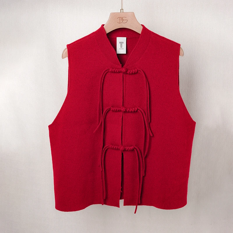 TALMUS/塔拉牧丝秋冬季时尚羊绒纯色女士中式领马夹中国风复古