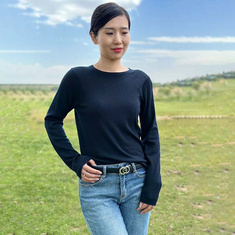 TALMUS/塔拉牧丝山羊绒圆领下摆双开襟薄款宽松优雅针织女士套衫