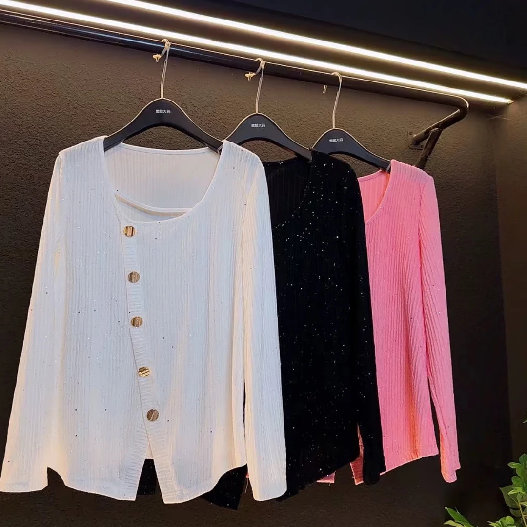 方领钮扣亮晶晶宽松显瘦遮肉长袖百搭气质洋气