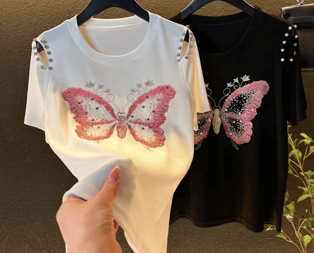 2365款双肩镂空满钻重工蝴蝶镜面钻短袖